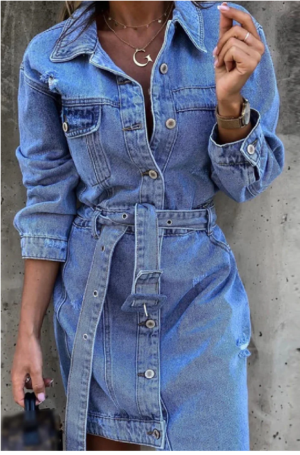 Bett | Denim Jurk met Knoopsluiting en Tailleaccent
