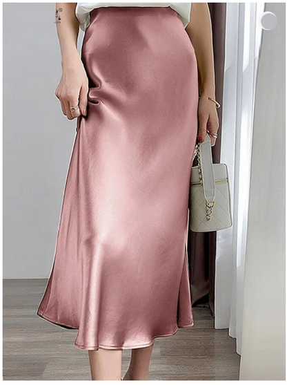 Satijnen Dames Midi Rok met Hoge Taille en Wijd Uitlopende Zoom