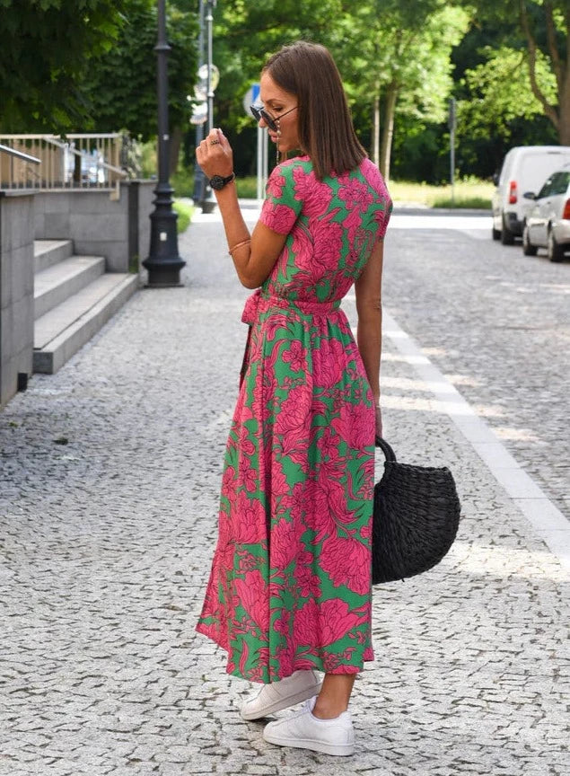 Luchtige Zomer Dames Midi Jurk Met V Hals En Korte Mouwen