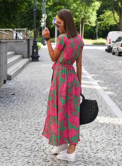 Luchtige Zomer Dames Midi Jurk Met V Hals En Korte Mouwen