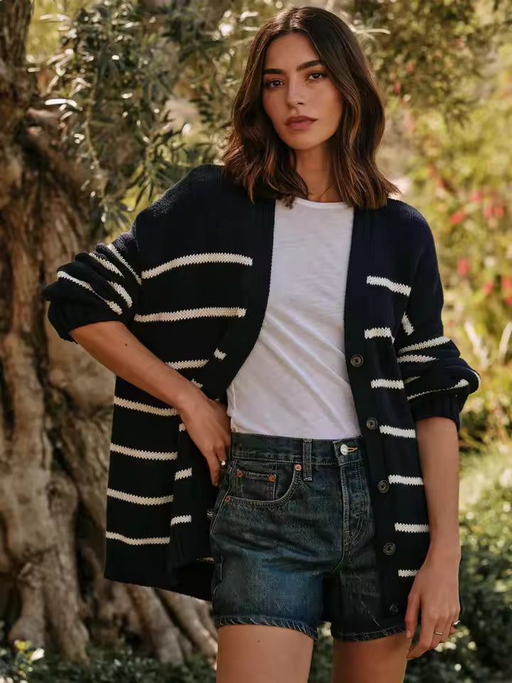 Trendy Oversized Dames Cardigan met Strepen en Knopen