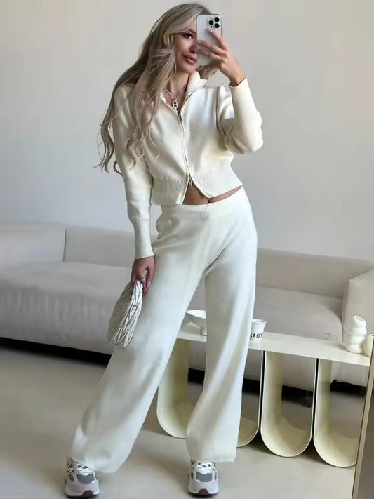 Trendy Dames 2 Delige Loungewear Set met Ritsvest en Wijde Broek