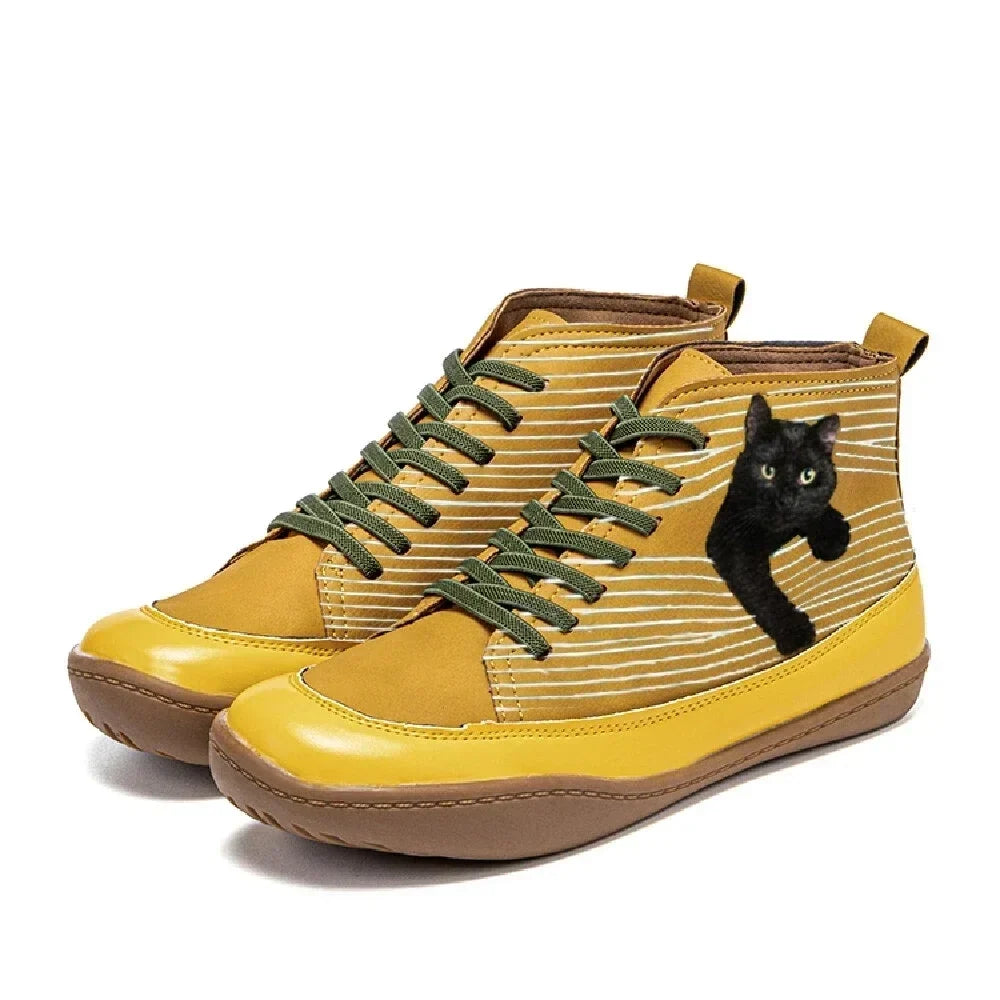 Antislip Dames Enkellaarsjes met Vetersluiting en Kattenprint