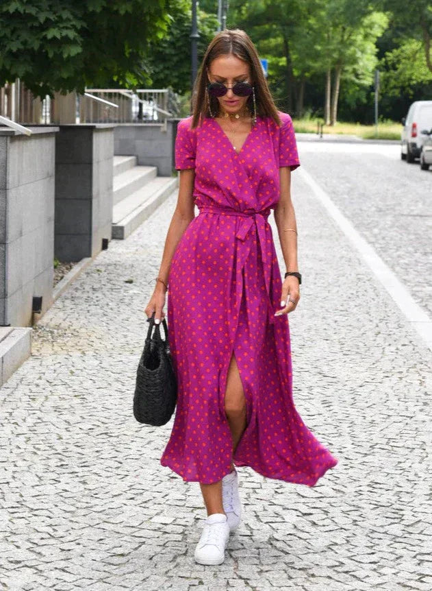Luchtige Zomer Dames Midi Jurk Met V Hals En Korte Mouwen