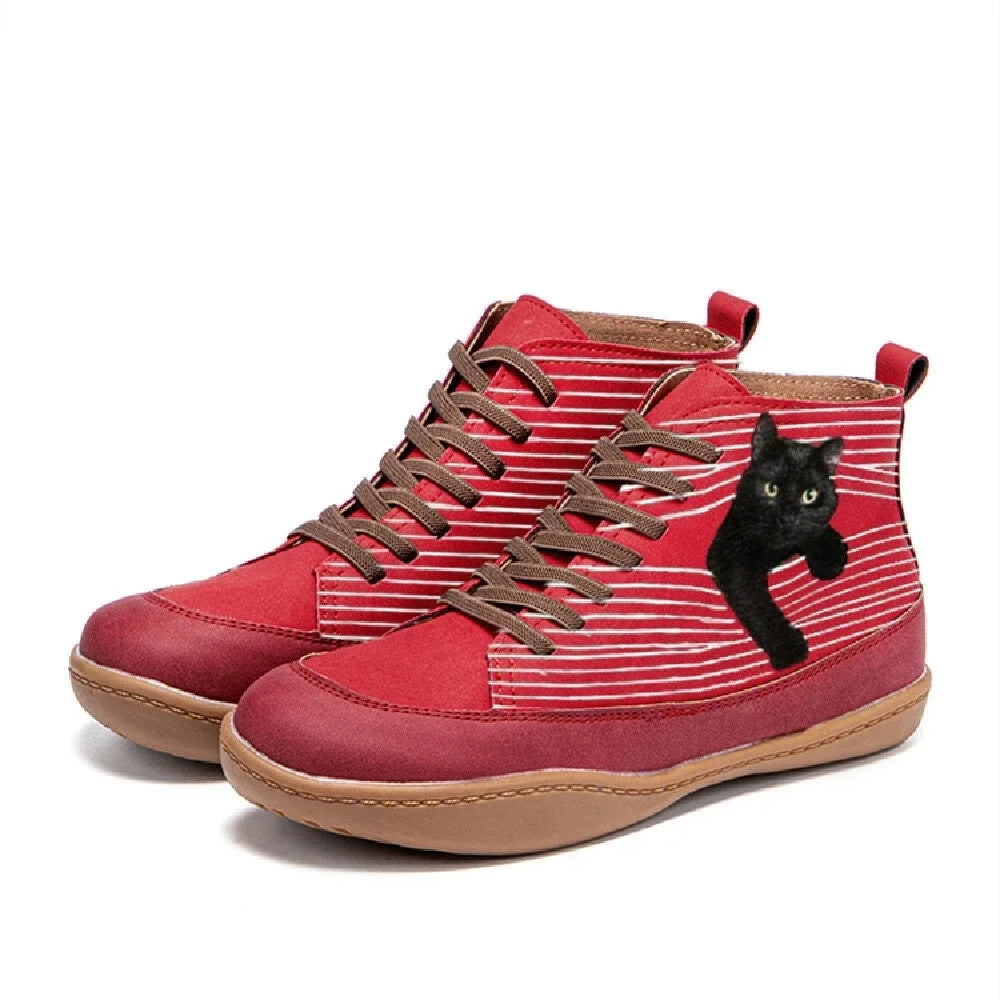 Antislip Dames Enkellaarsjes met Vetersluiting en Kattenprint