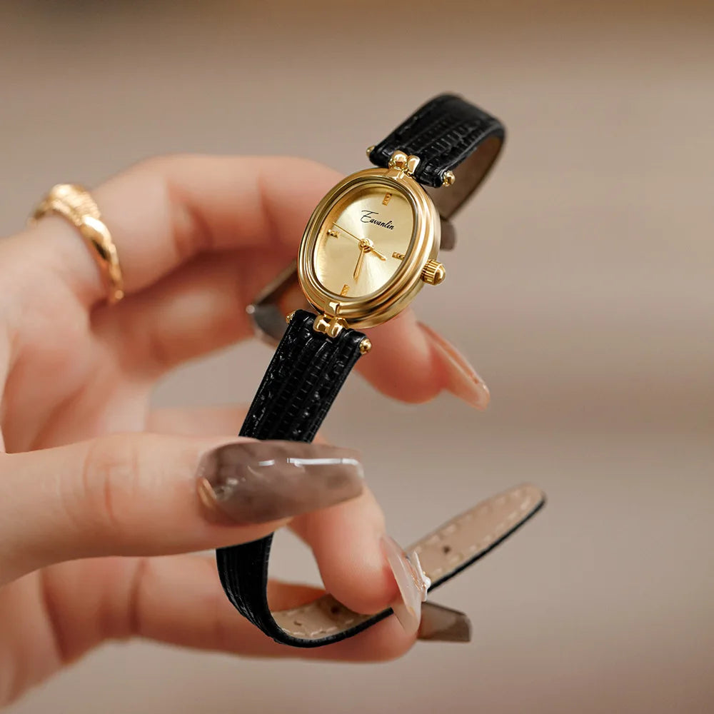 Elegante Goudkleurig Dames Horloge Met Leren band