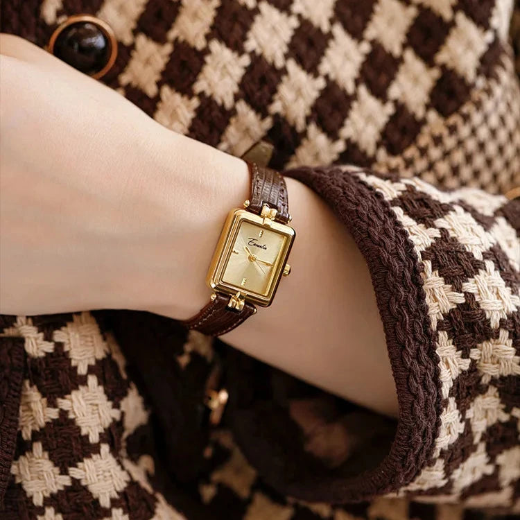 Elegante Goudkleurig Dames Horloge Met Leren band