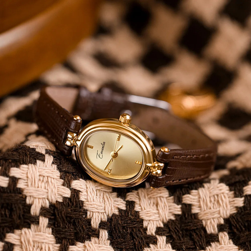 Elegante Goudkleurig Dames Horloge Met Leren band