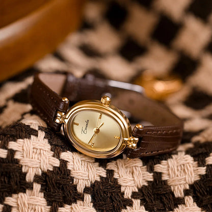 Elegante Goudkleurig Dames Horloge Met Leren band