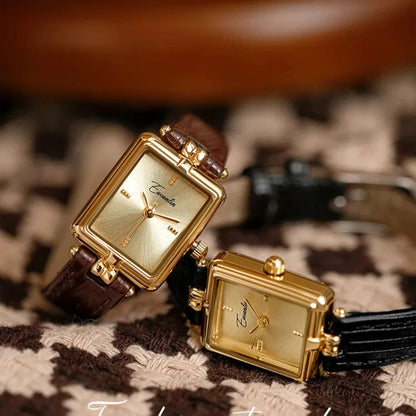 Elegante Goudkleurig Dames Horloge Met Leren band
