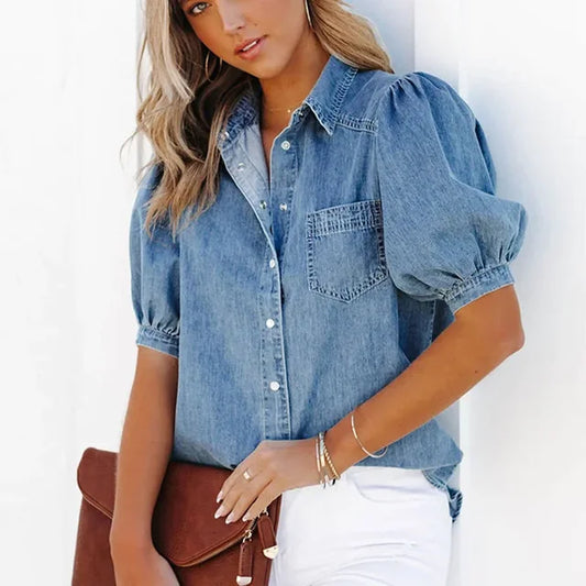 Lioba | Casual Denim Blouse met Pofmouwen