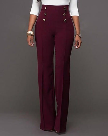 Elegante Hoge Taille Dames Broek in Bordeaux met Knopen