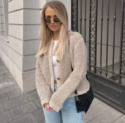 Women's Teddy Style Mid-Length Jacket With Buttons And Soft Texture
