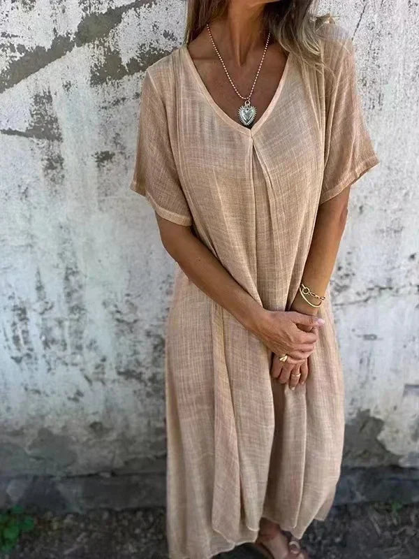 Betsy | Cotton-Linen V-Neck Midi Dress