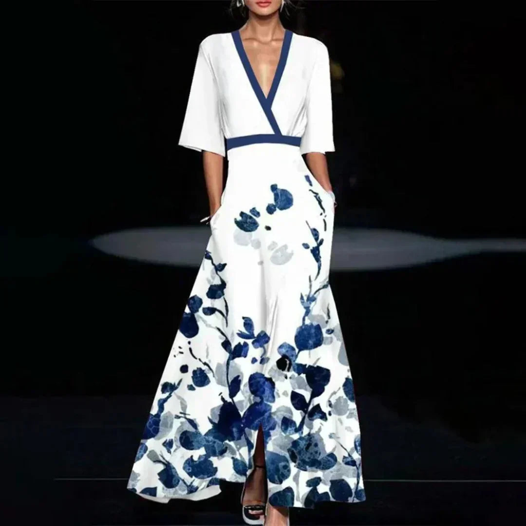 Gala Maxi Dress With Floral Print And V Neck