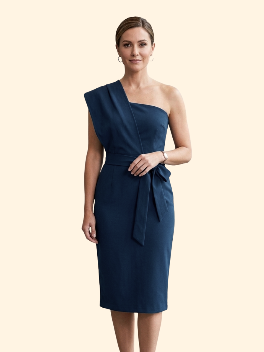Getailleerde Dames One Shoulder Midi Jurk Met Tailleceintuur