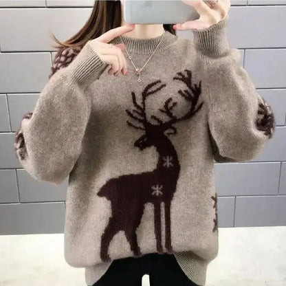 Zachte Oversized Dames Kersttrui met Rendierprint en Ribboorden