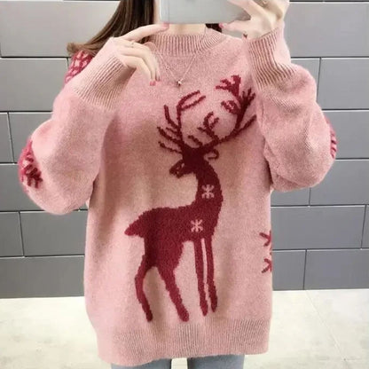 Zachte Oversized Dames Kersttrui met Rendierprint en Ribboorden