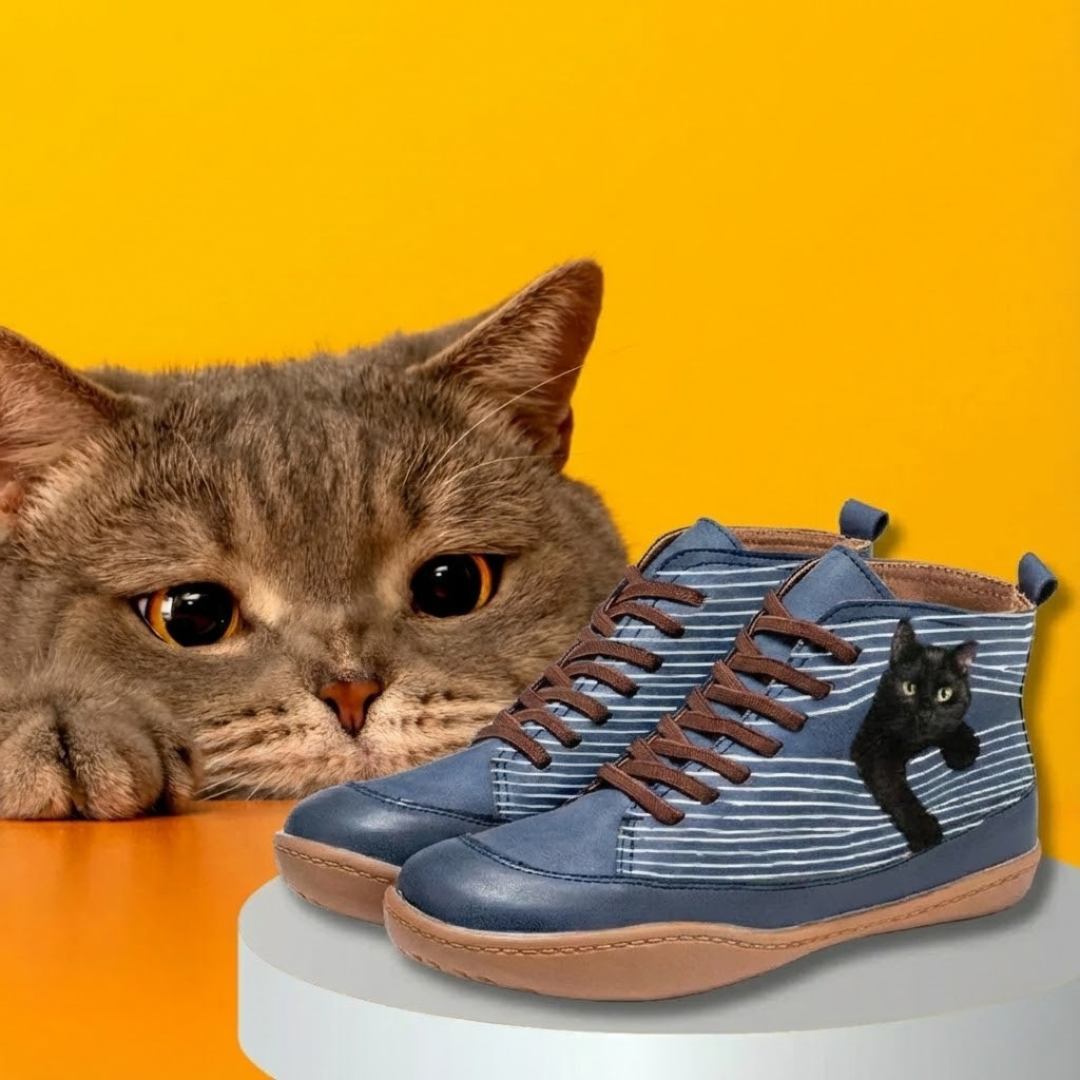 Antislip Dames Enkellaarsjes met Vetersluiting en Kattenprint