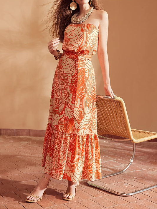 Dagne | Strapless Zomerjurk met Tropisch Bladmotief