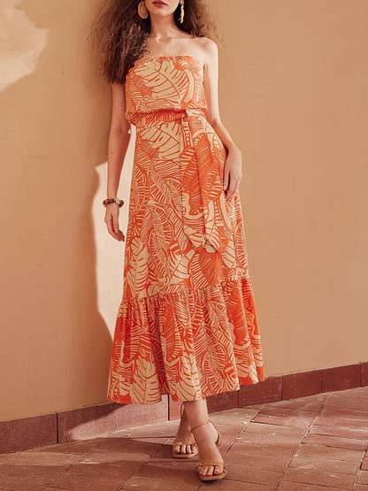 Dagne | Strapless Zomerjurk met Tropisch Bladmotief