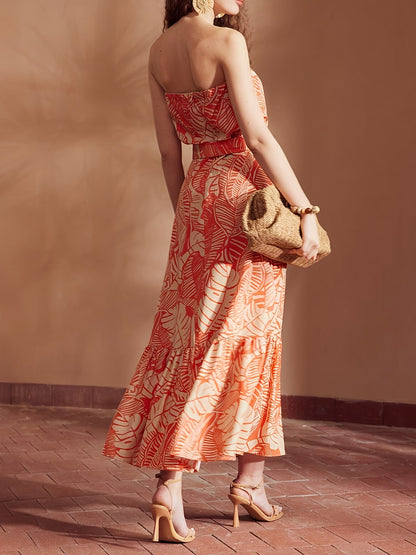 Dagne | Strapless Zomerjurk met Tropisch Bladmotief
