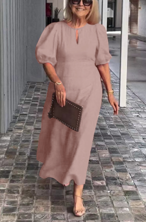 Farah | Cotton-Linen Midi Dress with Puff Sleeves