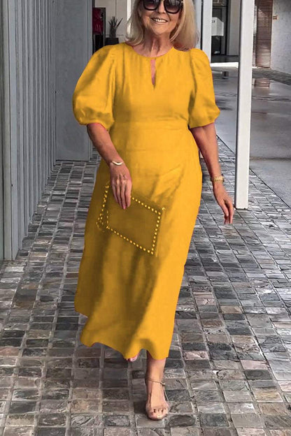 Farah | Cotton-Linen Midi Dress with Puff Sleeves