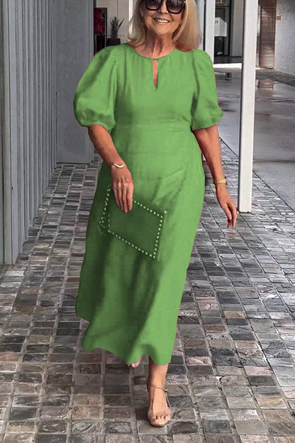 Farah | Cotton-Linen Midi Dress with Puff Sleeves