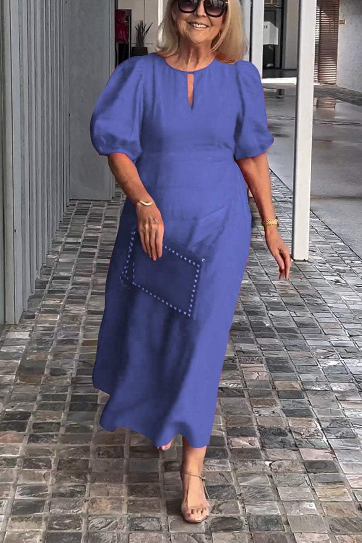 Farah | Cotton-Linen Midi Dress with Puff Sleeves