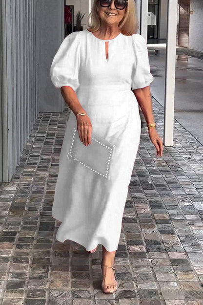 Farah | Cotton-Linen Midi Dress with Puff Sleeves