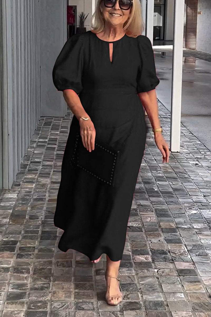 Farah | Cotton-Linen Midi Dress with Puff Sleeves