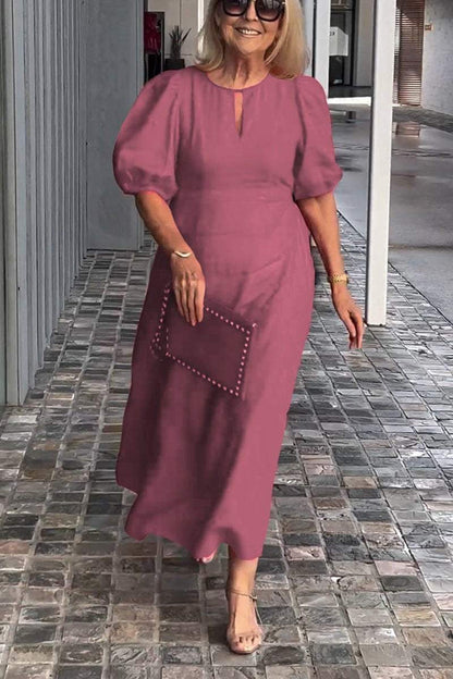 Farah | Cotton-Linen Midi Dress with Puff Sleeves