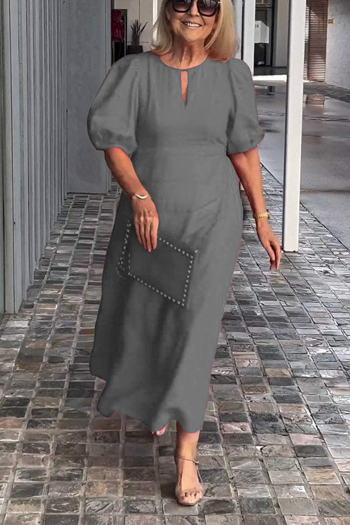 Farah | Cotton-Linen Midi Dress with Puff Sleeves