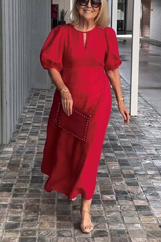 Farah | Cotton-Linen Midi Dress with Puff Sleeves