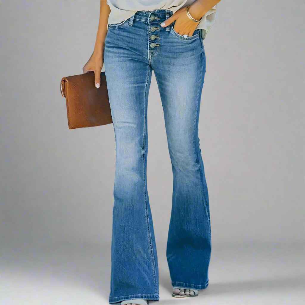 Elegante Dames Wijde Jeans met Hoge Taille en Knoopsluiting