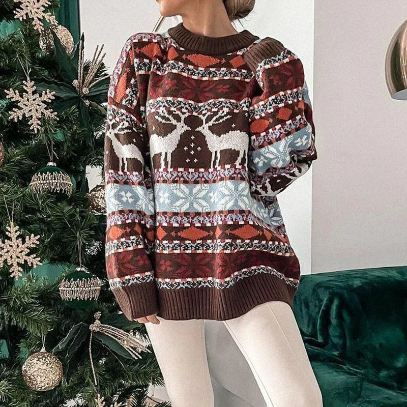 Oversized Gebreide Dames Kersttrui met Rendiermotief en Ribboorden