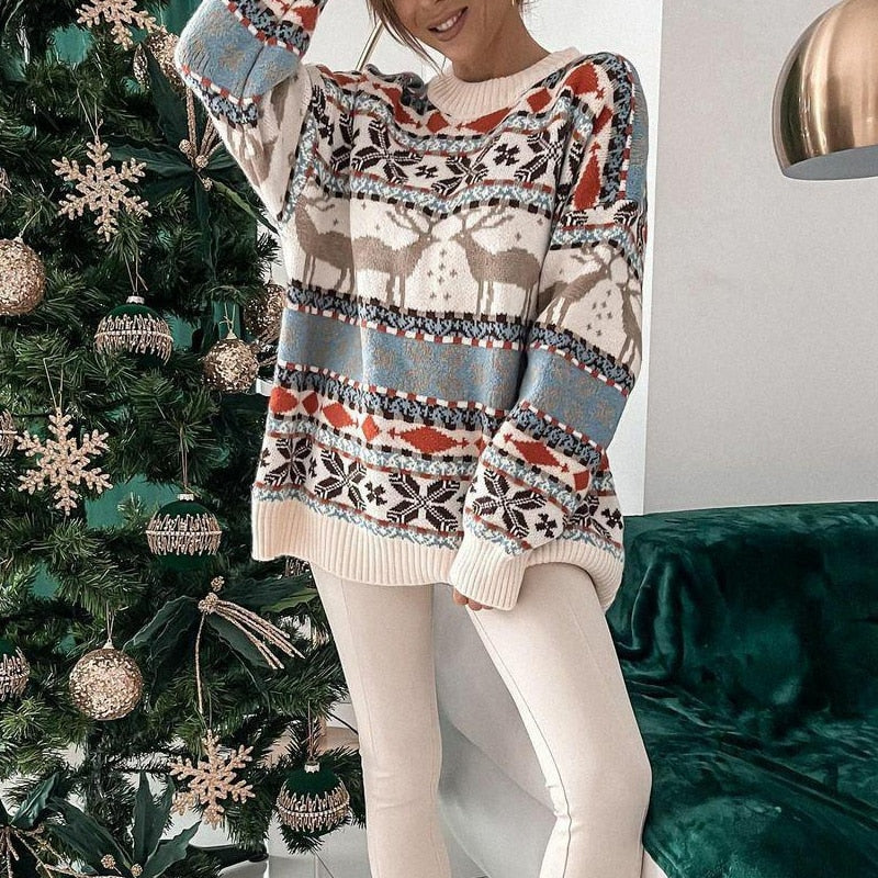 Oversized Gebreide Dames Kersttrui met Rendiermotief en Ribboorden