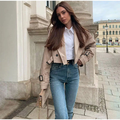 Trench-coat court moderne pour femmes avec revers classique