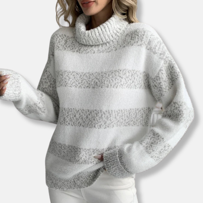 Women’s Pullover Sweatshirt – Loose Fit – Plush Knit – Ribbed Turtleneck – Striped Texture