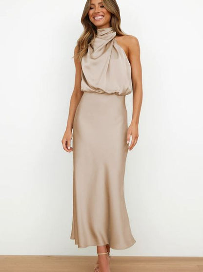 Elegante Satijnen Gala Midi Jurk Met Halterhals Voor Dames