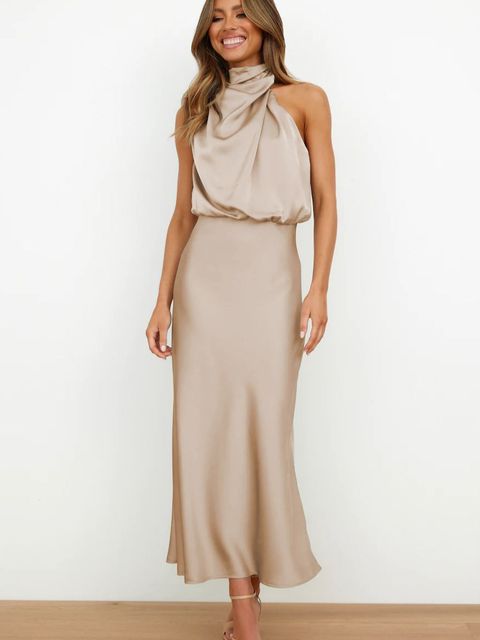Elegante Satijnen Gala Midi Jurk Met Halterhals Voor Dames