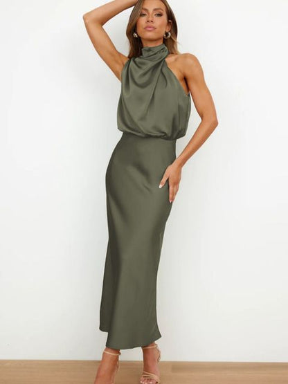 Elegante Satijnen Gala Midi Jurk Met Halterhals Voor Dames