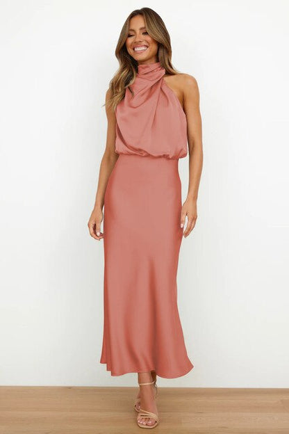 Elegante Satijnen Gala Midi Jurk Met Halterhals Voor Dames