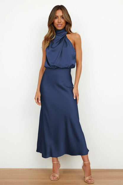 Elegante Satijnen Gala Midi Jurk Met Halterhals Voor Dames