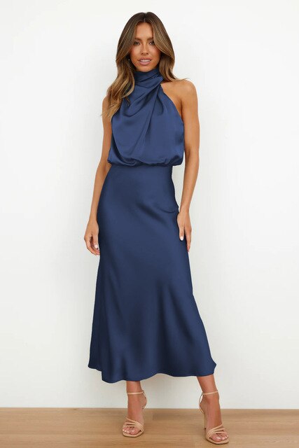 Elegante Satijnen Gala Midi Jurk Met Halterhals Voor Dames