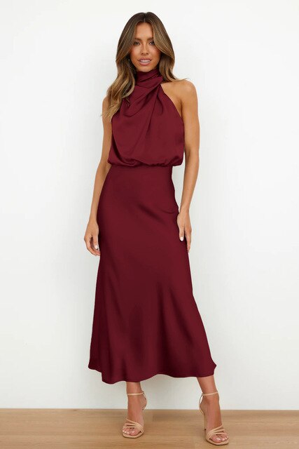 Elegante Satijnen Gala Midi Jurk Met Halterhals Voor Dames