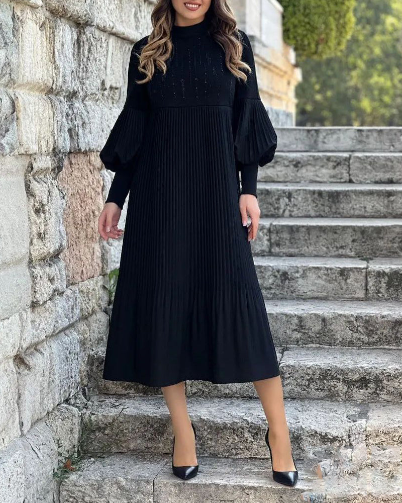 Zwarte Dames Midi Jurk met Lange Mouwen en Hoge Hals