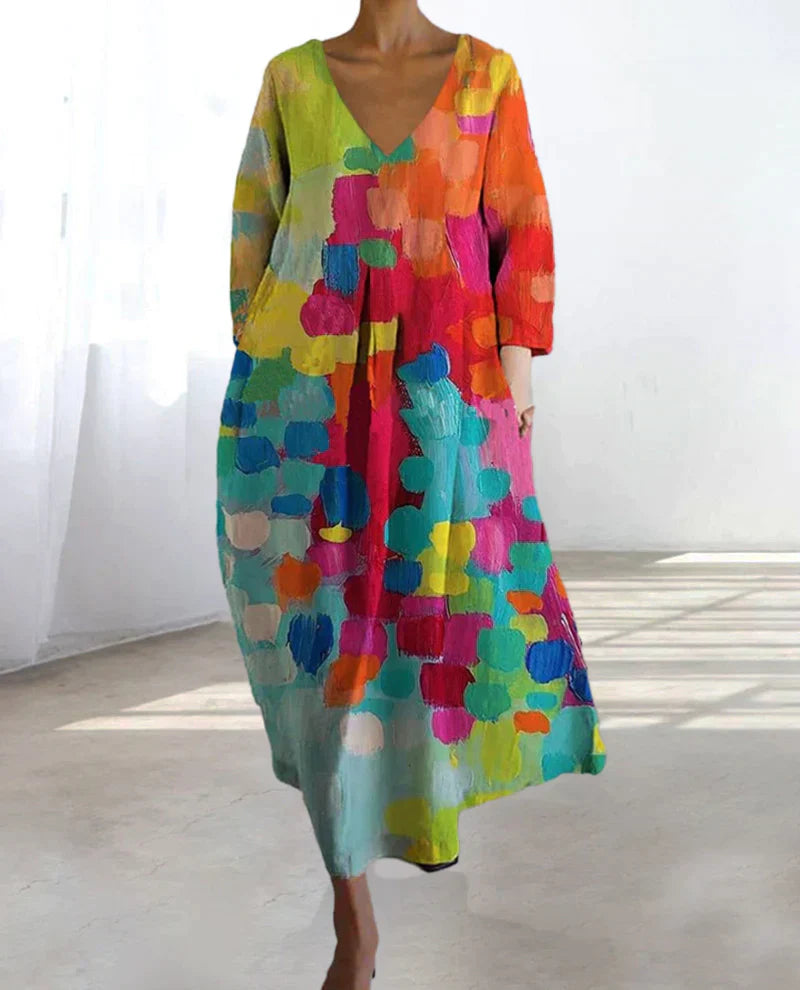 Zomerse Dames Oversized Midi Jurk Met V Hals En Print