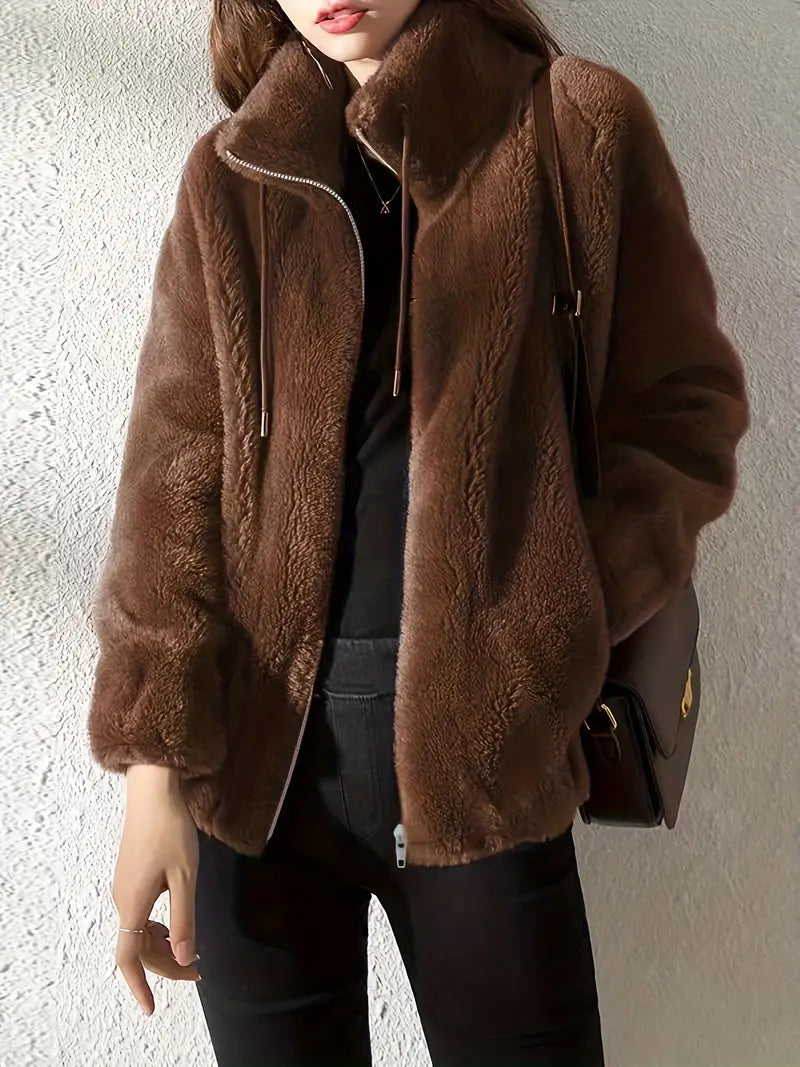 Luxe Warme Dames Fleece Jas Met Opstaande Kraag en Rits Sluiting